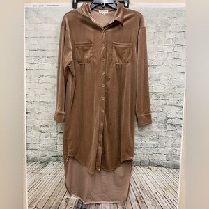 Camel brown velvet shirt dress button up sz S nwt